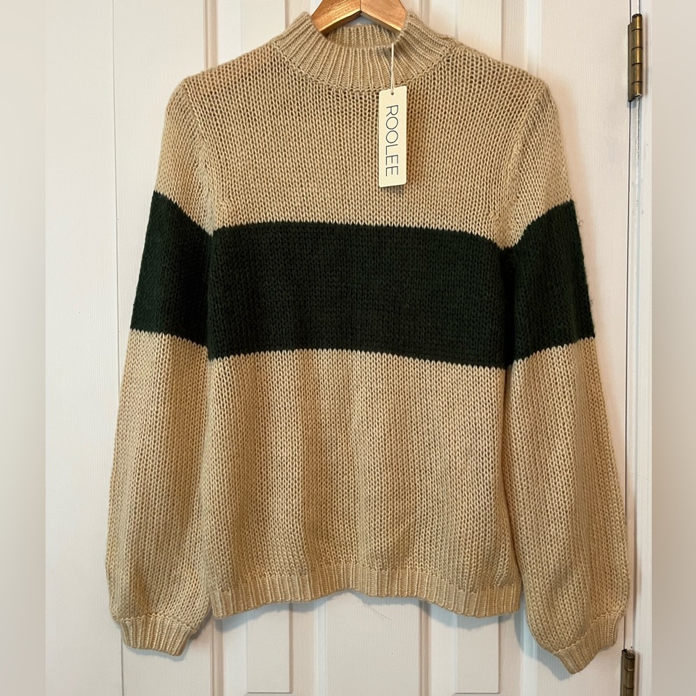 Roolee Small Tan Knit Sweater with Green Stripe